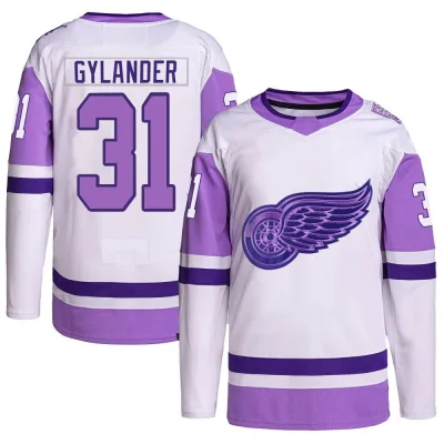 Men's Carter Gylander Detroit Red Wings Hockey Fights Cancer Primegreen Jersey - White/Purple Authentic