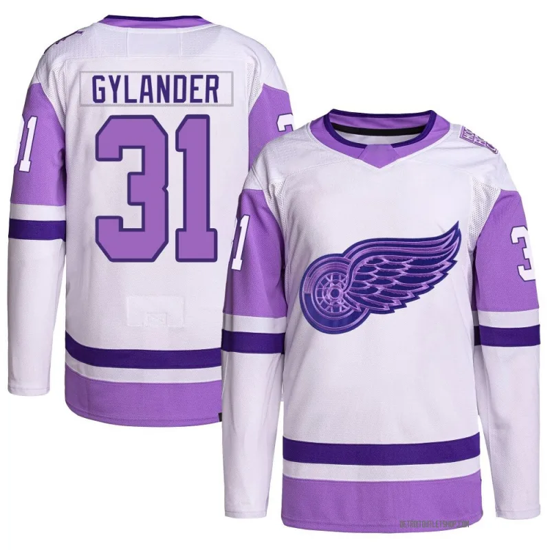 Men's Carter Gylander Detroit Red Wings Hockey Fights Cancer Primegreen Jersey - White/Purple Authentic