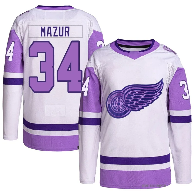 Men's Carter Mazur Detroit Red Wings Hockey Fights Cancer Primegreen Jersey - White/Purple Authentic