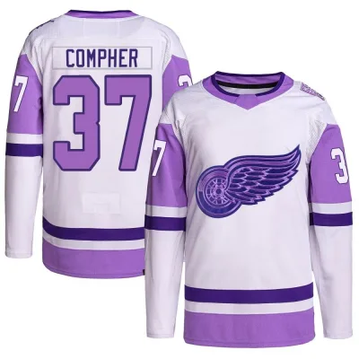 Men's J.T. Compher Detroit Red Wings Hockey Fights Cancer Primegreen Jersey - White/Purple Authentic