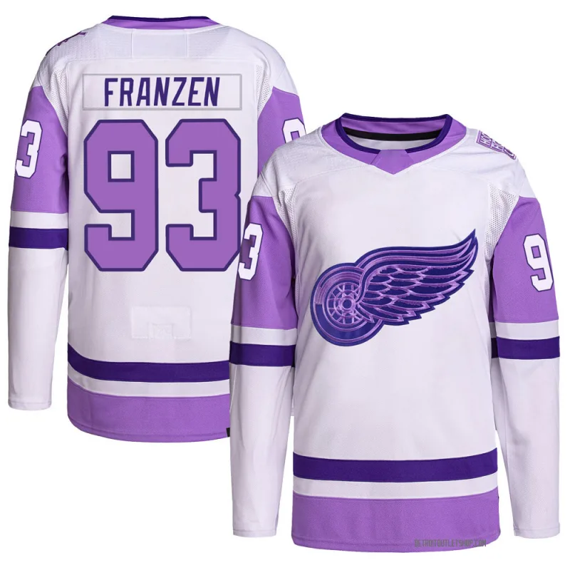 Men's Johan Franzen Detroit Red Wings Hockey Fights Cancer Primegreen Jersey - White/Purple Authentic