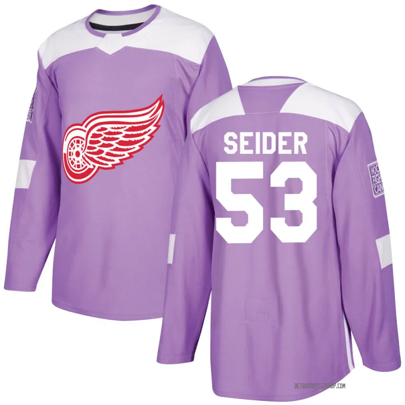 Men's Moritz Seider Detroit Red Wings Hockey Fights Cancer Practice Jersey - Purple Authentic