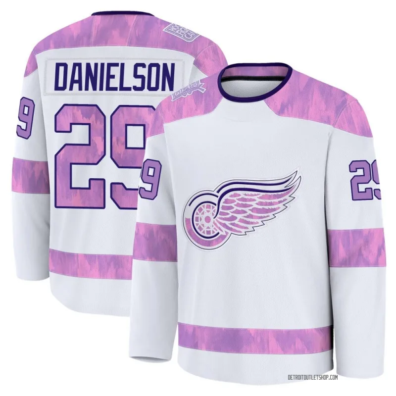 Men's Nate Danielson Detroit Red Wings 2024 Hockey Fights Cancer Practice Jersey - White Premium