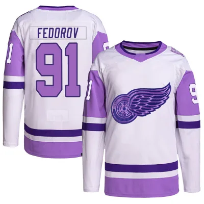 Men's Sergei Fedorov Detroit Red Wings Hockey Fights Cancer Primegreen Jersey - White/Purple Authentic