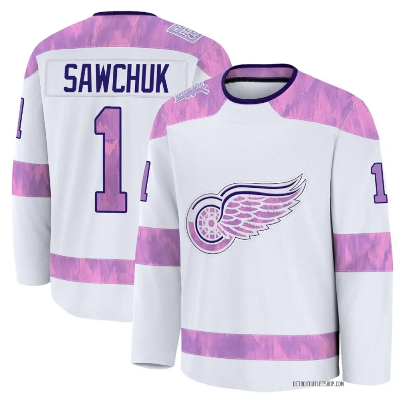 Men's Terry Sawchuk Detroit Red Wings 2024 Hockey Fights Cancer Practice Jersey - White Premium