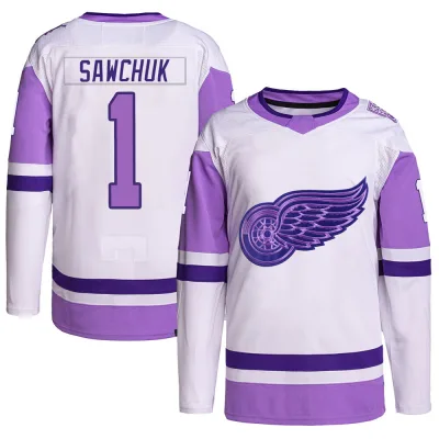 Men's Terry Sawchuk Detroit Red Wings Hockey Fights Cancer Primegreen Jersey - White/Purple Authentic