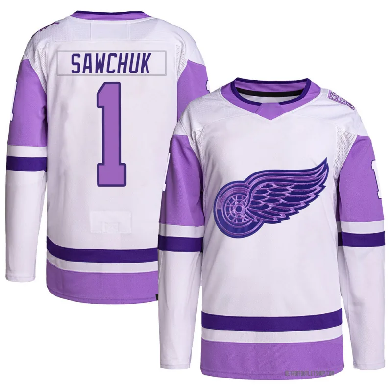 Men's Terry Sawchuk Detroit Red Wings Hockey Fights Cancer Primegreen Jersey - White/Purple Authentic
