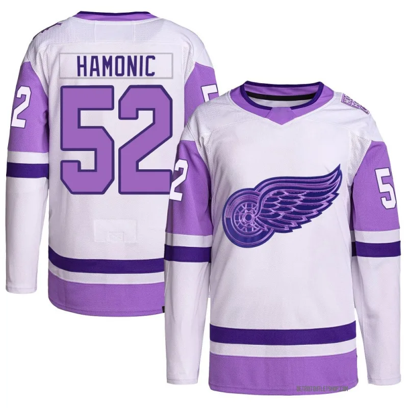 Men's Travis Hamonic Detroit Red Wings Hockey Fights Cancer Primegreen Jersey - White/Purple Authentic