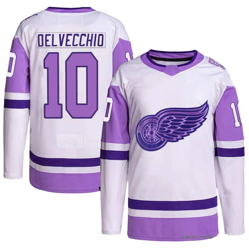 Youth Alex Delvecchio Detroit Red Wings Hockey Fights Cancer Primegreen Jersey - White/Purple Authentic