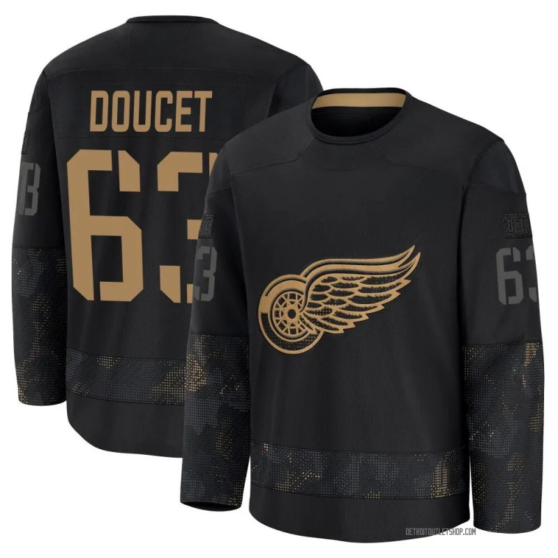 Youth Alexandre Doucet Detroit Red Wings 2024 Military Appreciation Practice Jersey - Black Premium