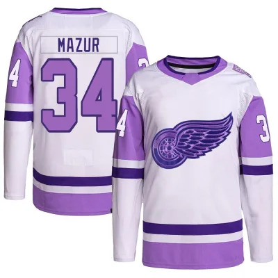 Youth Carter Mazur Detroit Red Wings Hockey Fights Cancer Primegreen Jersey - White/Purple Authentic