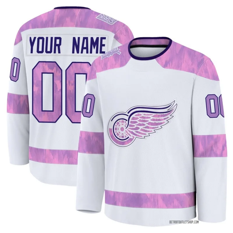Youth Custom Detroit Red Wings 2024 Hockey Fights Cancer Practice Jersey - White Premium