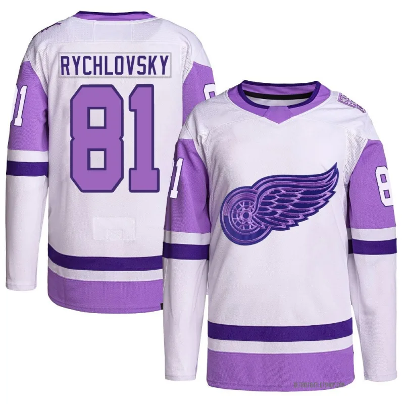 Youth Jakub Rychlovsky Detroit Red Wings Hockey Fights Cancer Primegreen Jersey - White/Purple Authentic