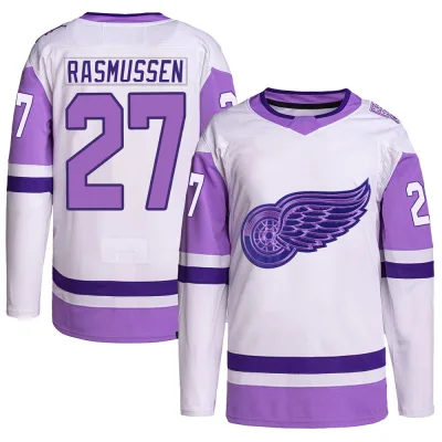 Youth Michael Rasmussen Detroit Red Wings Hockey Fights Cancer Primegreen Jersey - White/Purple Authentic