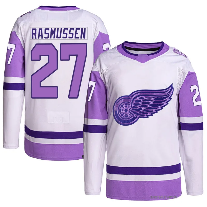 Youth Michael Rasmussen Detroit Red Wings Hockey Fights Cancer Primegreen Jersey - White/Purple Authentic