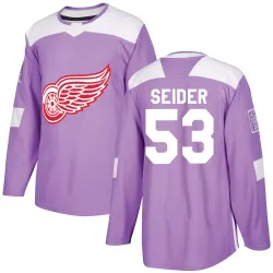 Youth Moritz Seider Detroit Red Wings Hockey Fights Cancer Practice Jersey - Purple Authentic