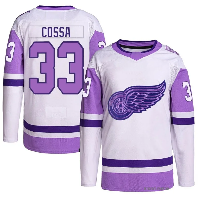 Youth Sebastian Cossa Detroit Red Wings Hockey Fights Cancer Primegreen Jersey - White/Purple Authentic