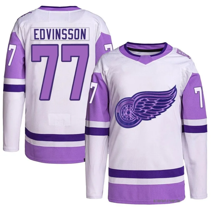 Youth Simon Edvinsson Detroit Red Wings Hockey Fights Cancer Primegreen Jersey - White/Purple Authentic