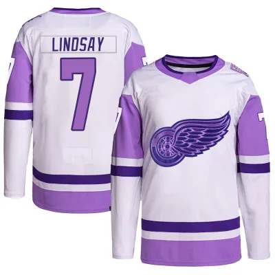 Youth Ted Lindsay Detroit Red Wings Hockey Fights Cancer Primegreen Jersey - White/Purple Authentic